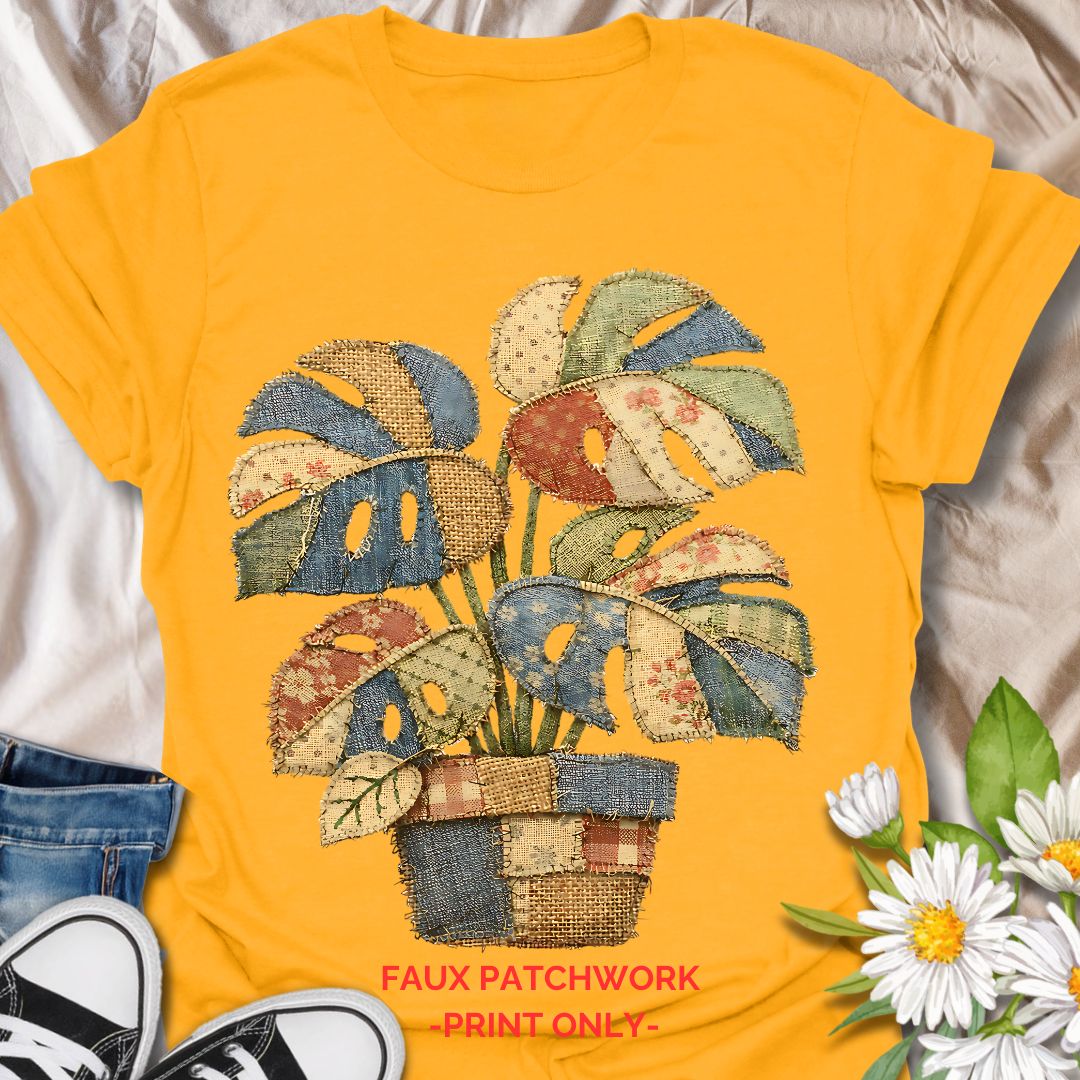Cute faux patchwork plant t-shirt featuring a colorful monstera houseplant in a vintage quilt-inspired style. A cozy botanical tee for plant lovers, plant moms, indoor gardeners, and cottagecore fashion fans.