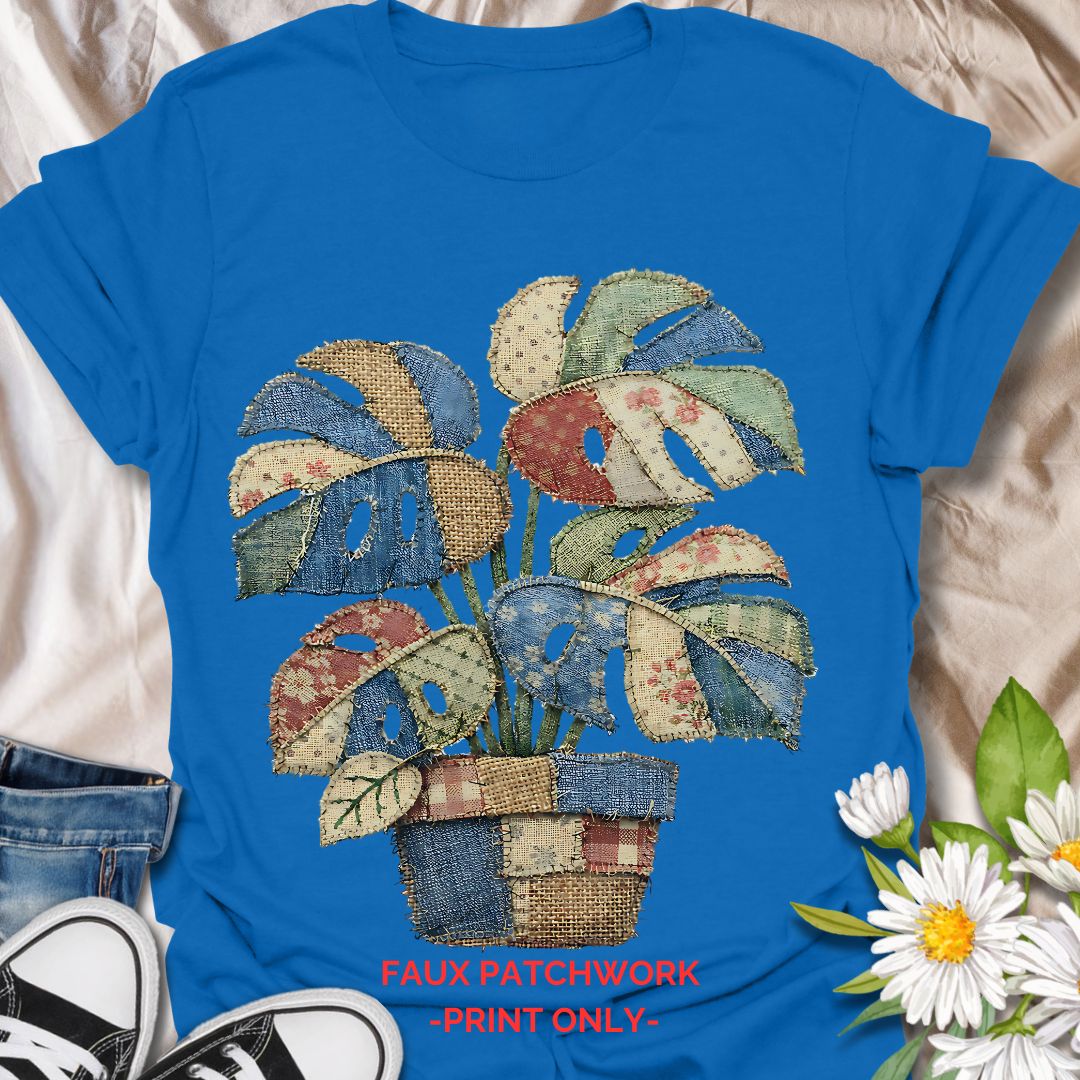 Cute faux patchwork plant t-shirt featuring a colorful monstera houseplant in a vintage quilt-inspired style. A cozy botanical tee for plant lovers, plant moms, indoor gardeners, and cottagecore fashion fans.