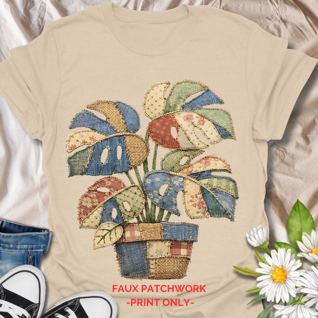 Cute faux patchwork plant t-shirt featuring a colorful monstera houseplant in a vintage quilt-inspired style. A cozy botanical tee for plant lovers, plant moms, indoor gardeners, and cottagecore fashion fans.
