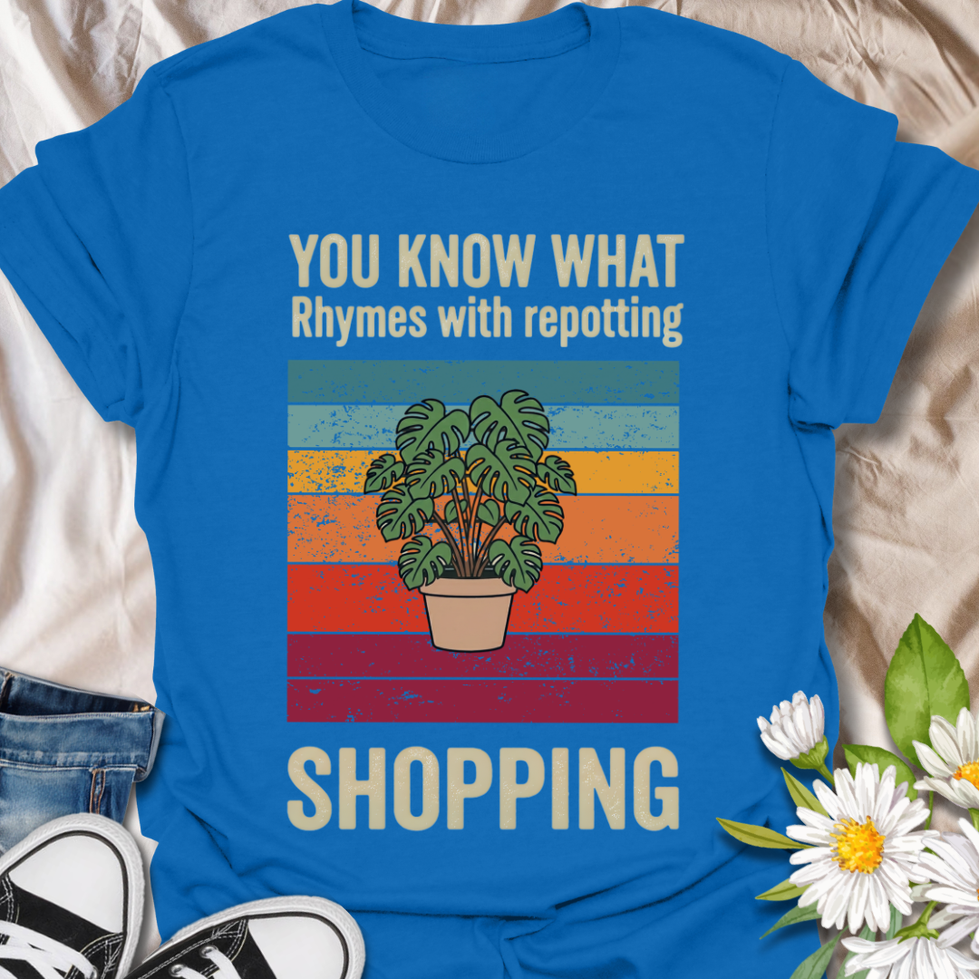 Funny plant lover t-shirt for houseplant fans, plant moms, and repotting addicts. A playful botanical graphic tee for anyone who loves shopping for more plants, pots, and leafy home decor gifts.