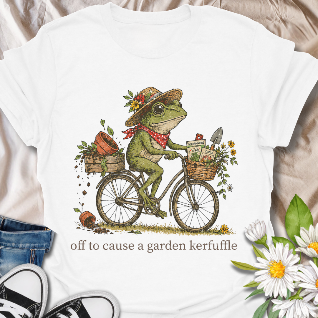 Off to Cause a Garden Kerfuffle Funny Frog Gardening T-Shirt