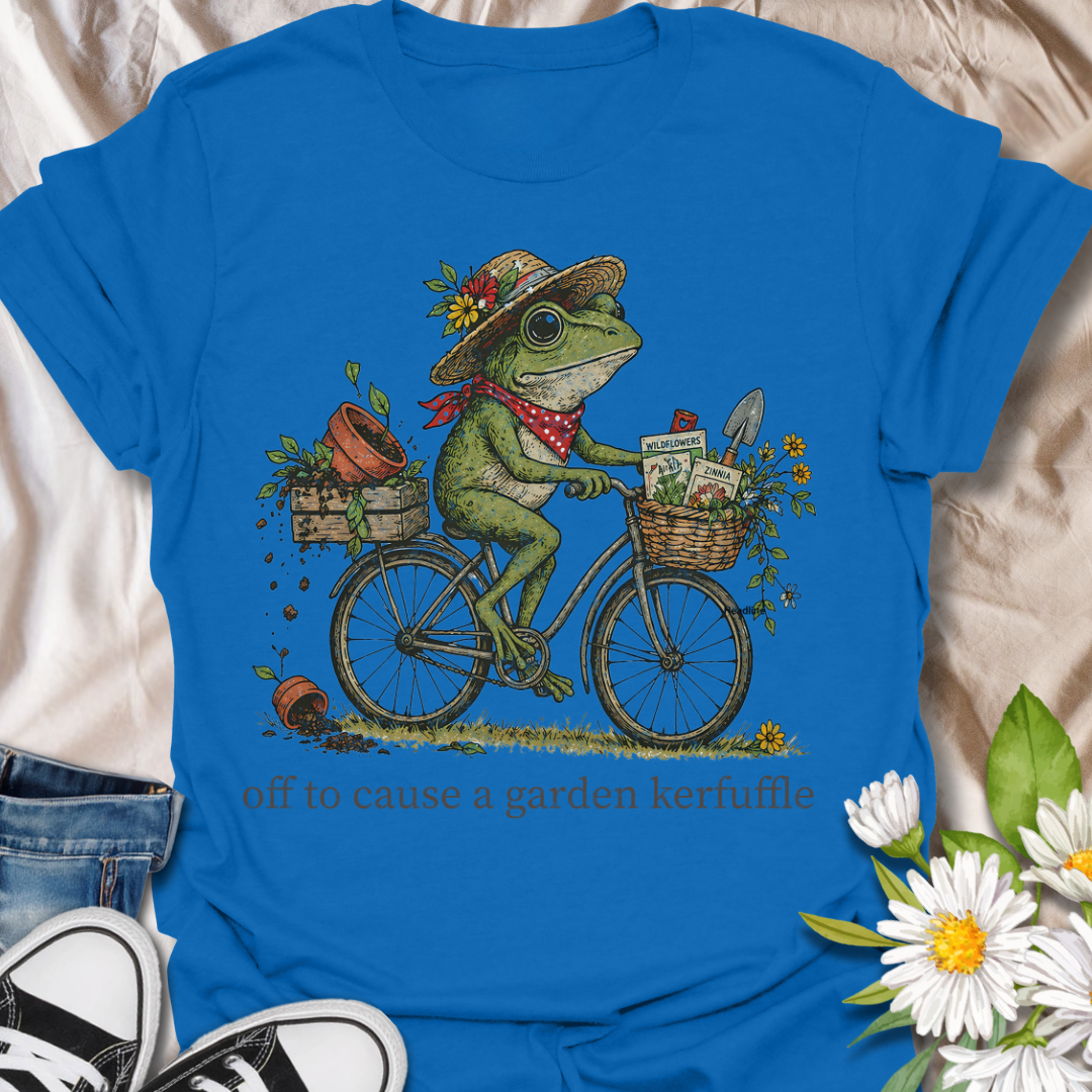Off to Cause a Garden Kerfuffle Funny Frog Gardening T-Shirt
