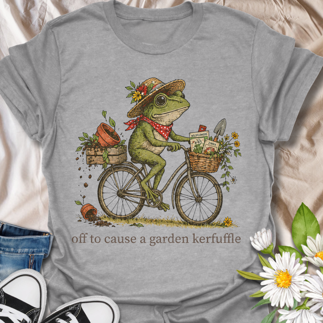 Off to Cause a Garden Kerfuffle Funny Frog Gardening T-Shirt
