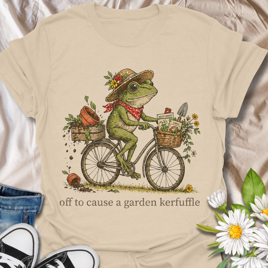 Off to Cause a Garden Kerfuffle Funny Frog Gardening T-Shirt