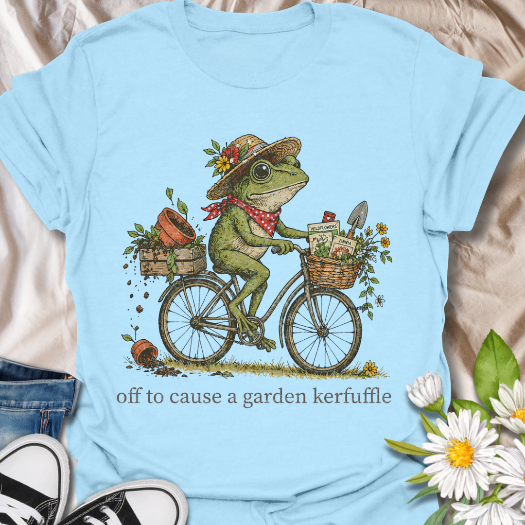 Off to Cause a Garden Kerfuffle Funny Frog Gardening T-Shirt