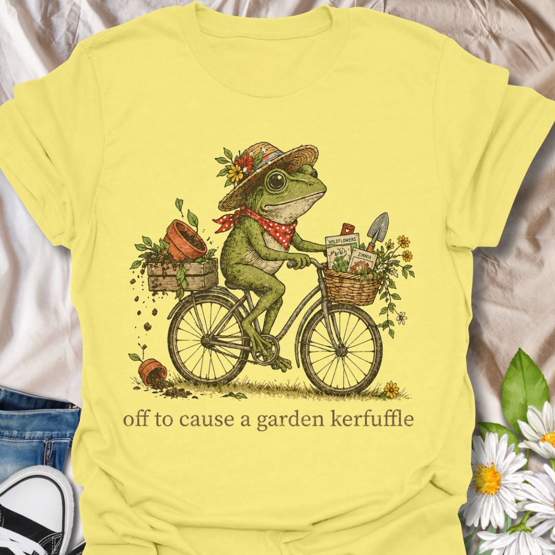 Off to Cause a Garden Kerfuffle Funny Frog Gardening T-Shirt