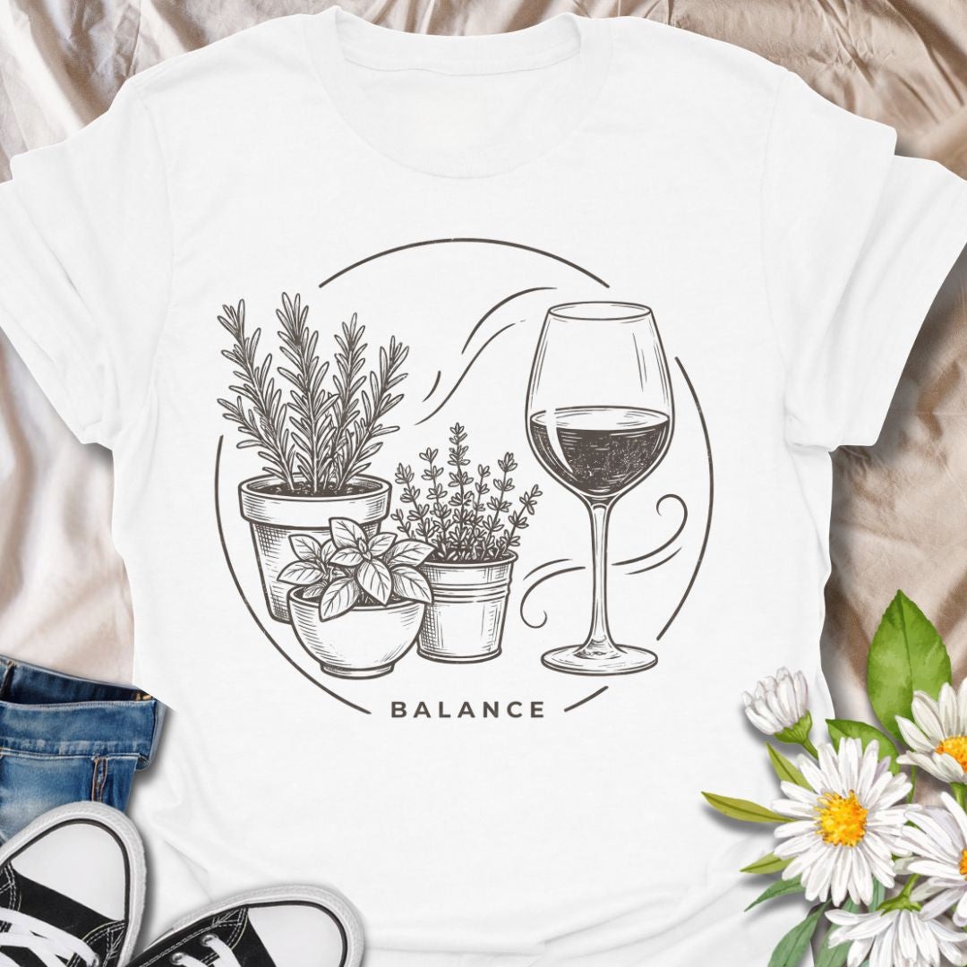 Funny gardening t-shirt featuring potted herbs, a wine glass, and the word “Balance.” Perfect for gardeners, plant lovers, herb growers, and anyone who believes the ideal mix is a little greenery and a little wine.
