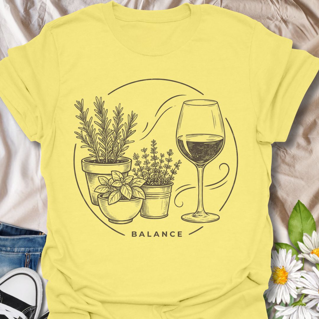 Funny gardening t-shirt featuring potted herbs, a wine glass, and the word “Balance.” Perfect for gardeners, plant lovers, herb growers, and anyone who believes the ideal mix is a little greenery and a little wine.