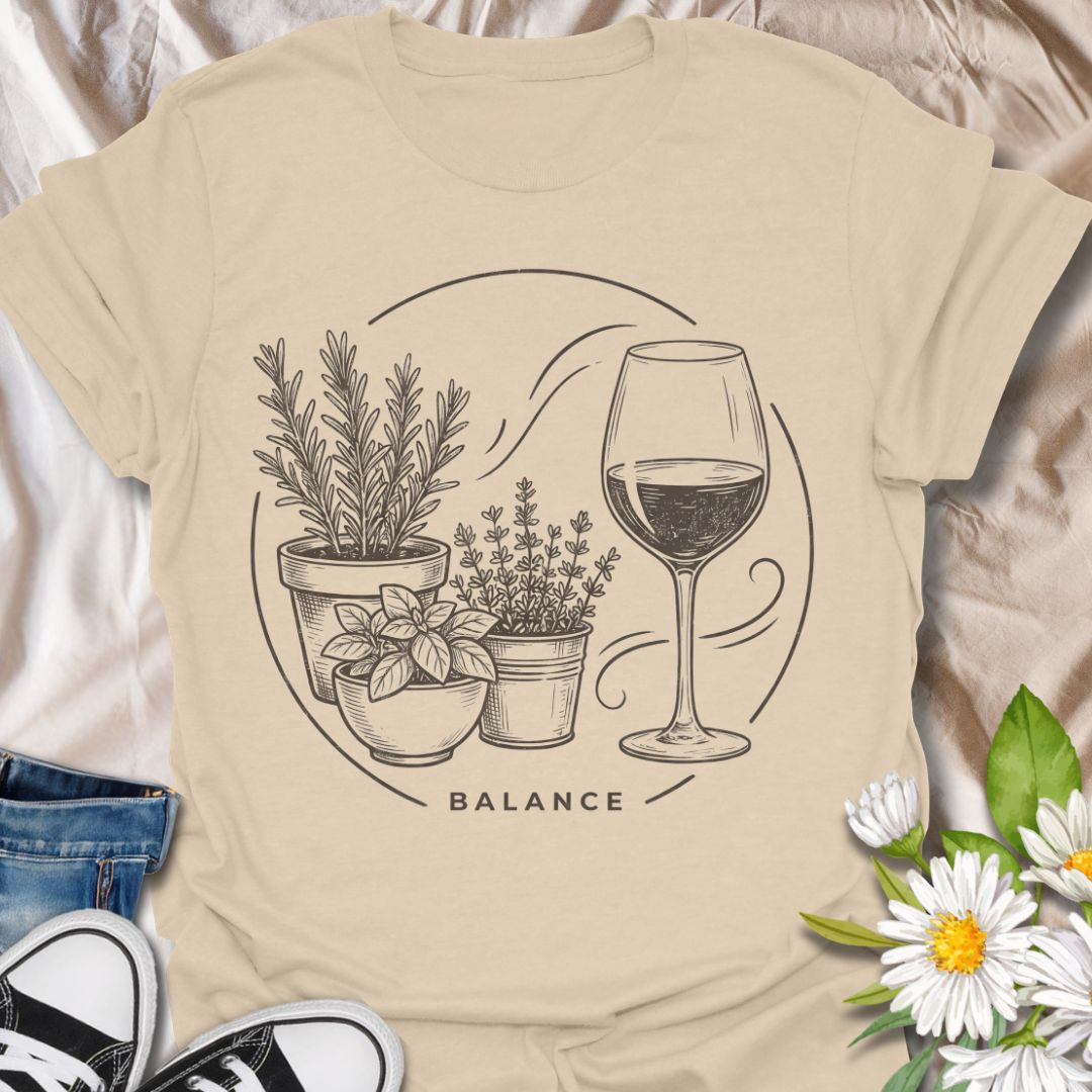Funny gardening t-shirt featuring potted herbs, a wine glass, and the word “Balance.” Perfect for gardeners, plant lovers, herb growers, and anyone who believes the ideal mix is a little greenery and a little wine.