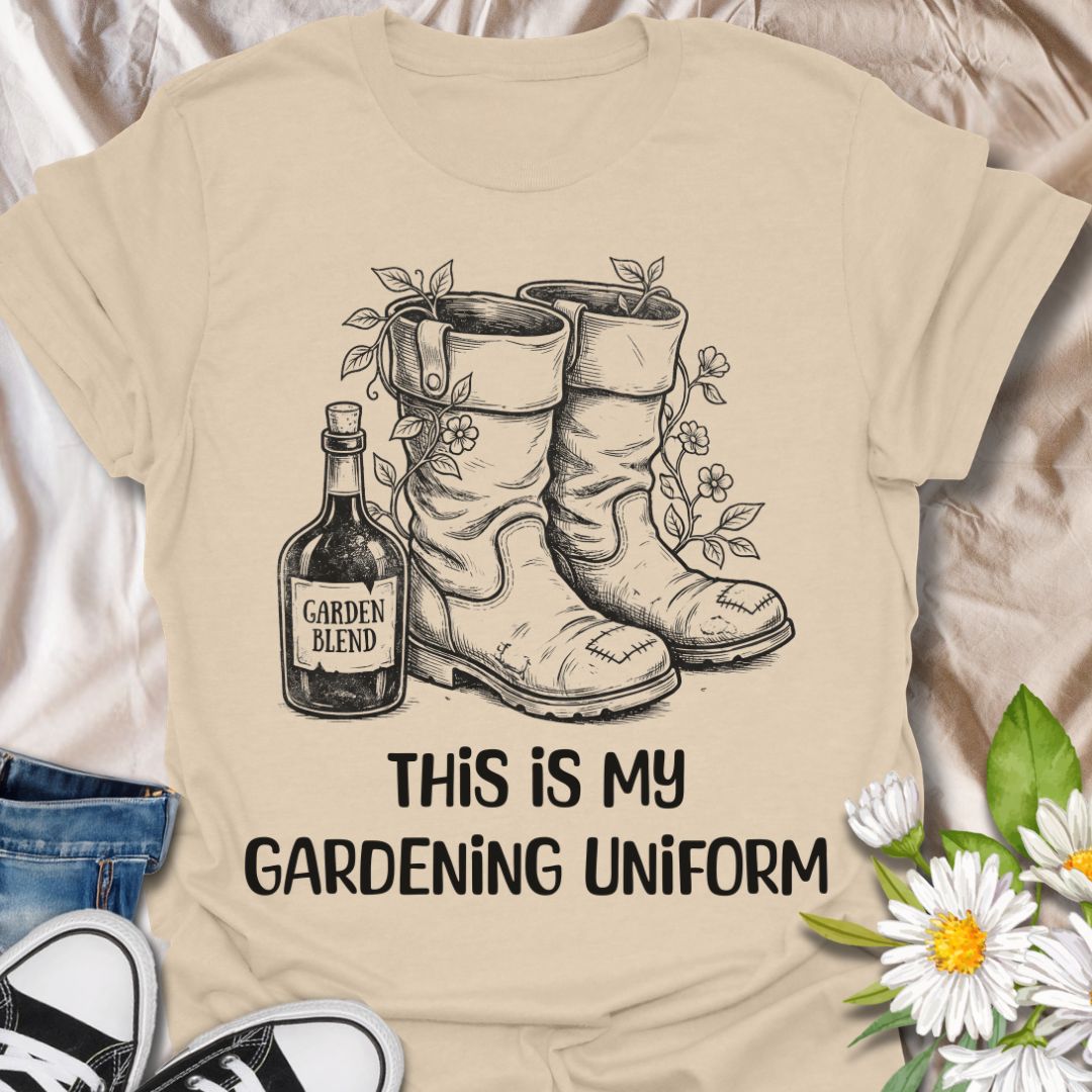 Funny gardening t-shirt featuring garden boots, flowers, and a “Garden Blend” bottle with the phrase “This Is My Gardening Uniform.” A playful tee for gardeners, plant lovers, flower growers, and anyone who knows a proper day in the garden comes with muddy boots, growing things, and a little personality.