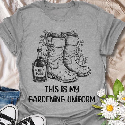 Funny gardening t-shirt featuring garden boots, flowers, and a “Garden Blend” bottle with the phrase “This Is My Gardening Uniform.” A playful tee for gardeners, plant lovers, flower growers, and anyone who knows a proper day in the garden comes with muddy boots, growing things, and a little personality.