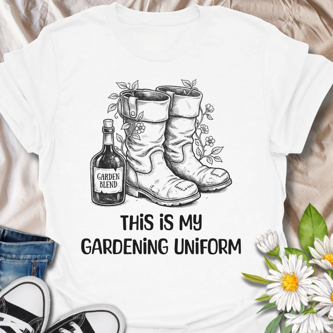 Funny gardening t-shirt featuring garden boots, flowers, and a “Garden Blend” bottle with the phrase “This Is My Gardening Uniform.” A playful tee for gardeners, plant lovers, flower growers, and anyone who knows a proper day in the garden comes with muddy boots, growing things, and a little personality.