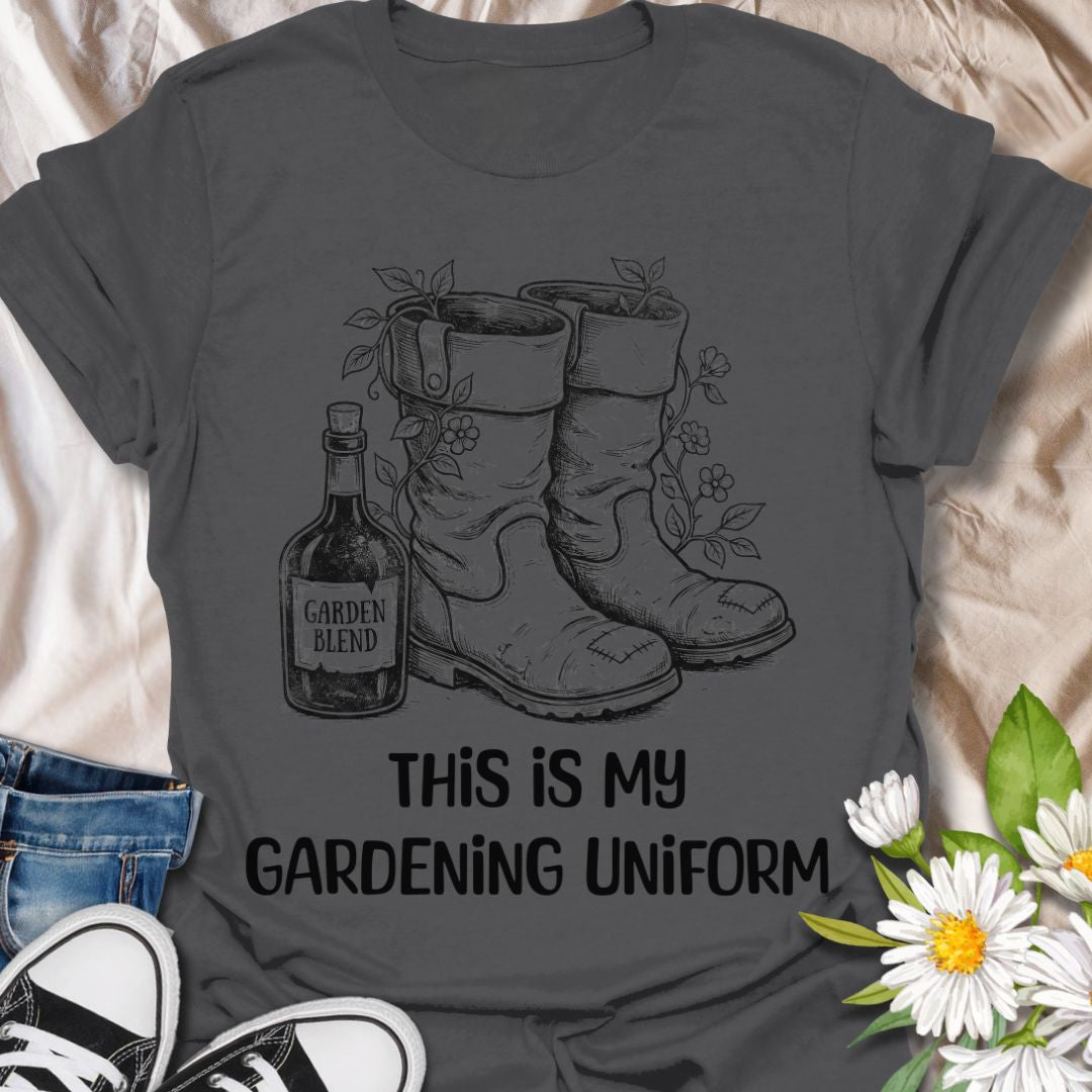 Funny gardening t-shirt featuring garden boots, flowers, and a “Garden Blend” bottle with the phrase “This Is My Gardening Uniform.” A playful tee for gardeners, plant lovers, flower growers, and anyone who knows a proper day in the garden comes with muddy boots, growing things, and a little personality.