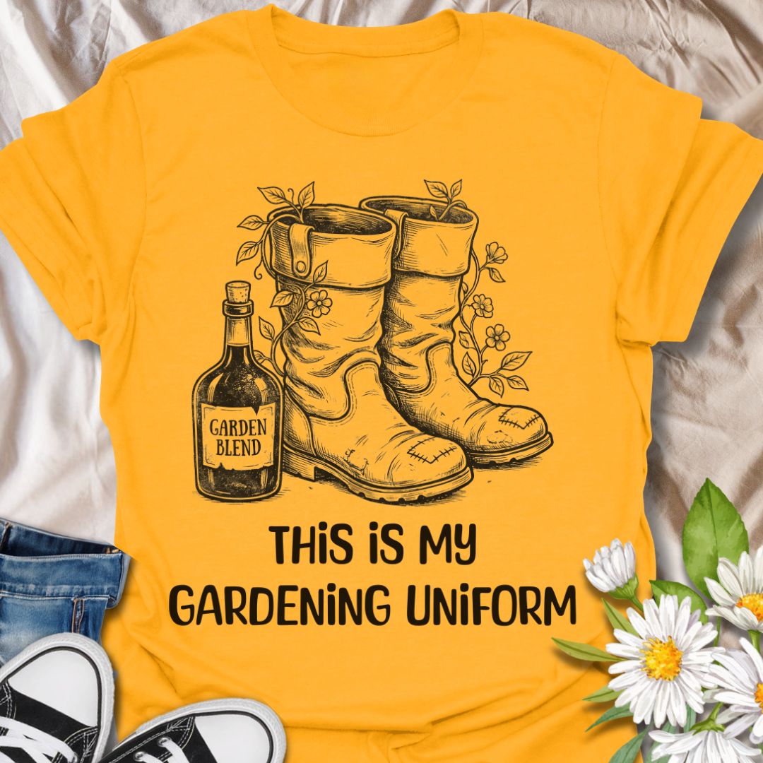 Funny gardening t-shirt featuring garden boots, flowers, and a “Garden Blend” bottle with the phrase “This Is My Gardening Uniform.” A playful tee for gardeners, plant lovers, flower growers, and anyone who knows a proper day in the garden comes with muddy boots, growing things, and a little personality.