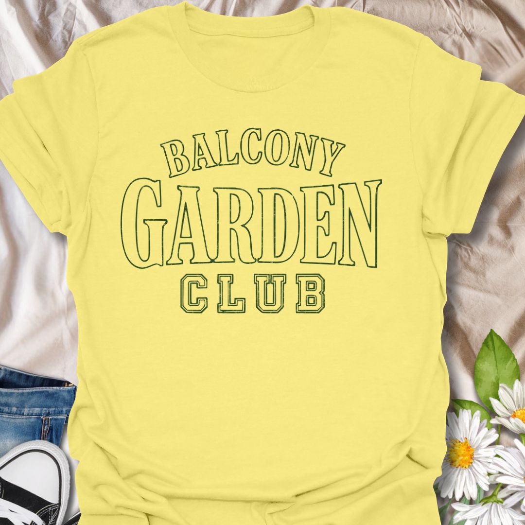 Plant lover t-shirt featuring the phrase “Balcony Garden Club” in a clean, bold typography design. A great tee for balcony gardeners, apartment plant lovers, small-space growers, and anyone building their own little garden oasis at home.