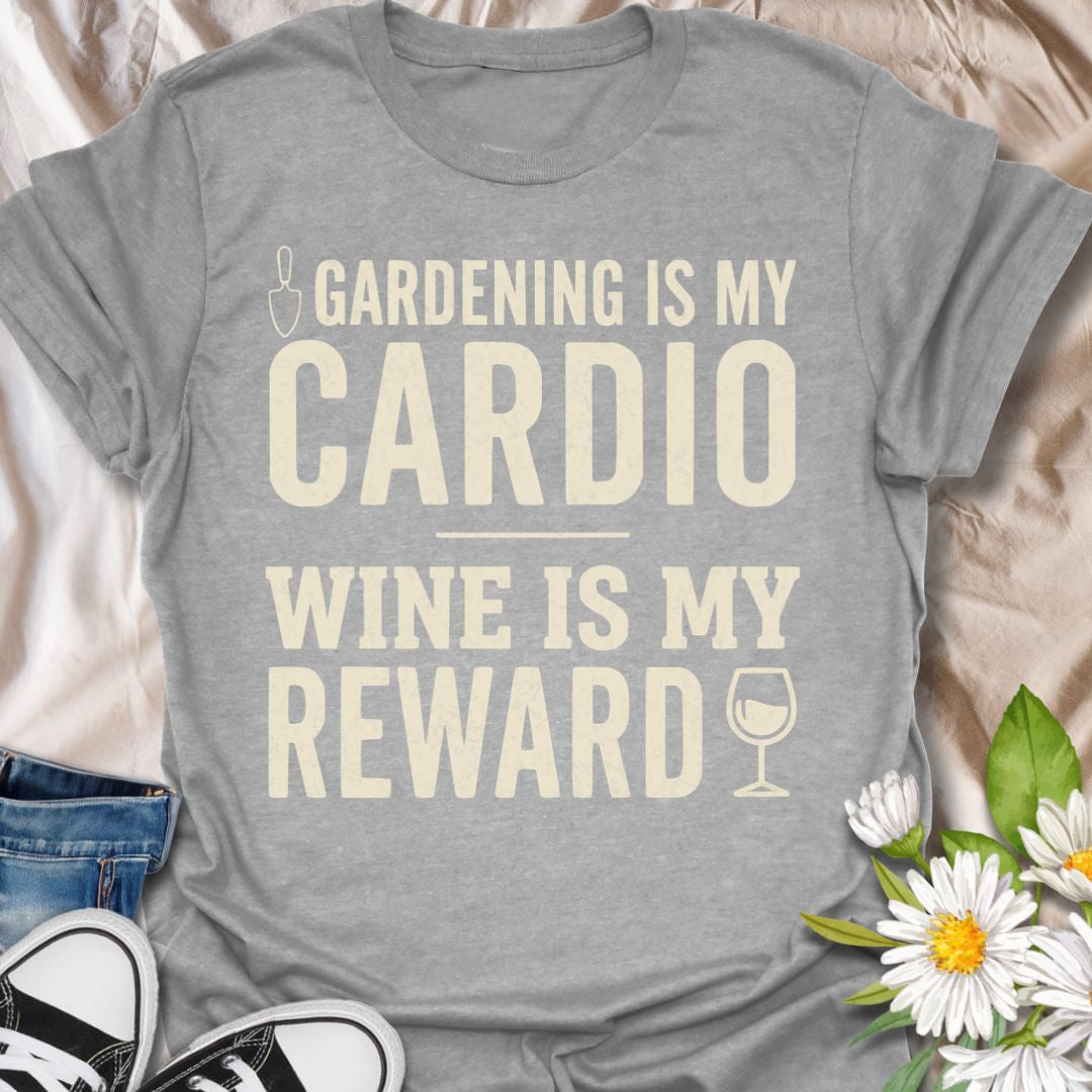 Funny gardening t-shirt featuring the phrase “Gardening Is My Cardio, Wine Is My Reward.” A playful tee for gardeners, plant lovers, and wine fans who know a good day in the garden deserves a relaxing glass at the end of it.
