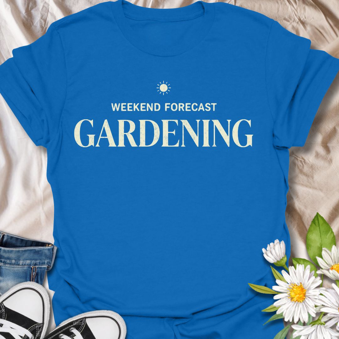 Funny gardening t-shirt featuring the phrase “Weekend Forecast Gardening.” A simple, stylish tee for gardeners, plant lovers, and backyard growers who already know exactly how they want to spend their weekend—outside, in the garden, with plants and a little sunshine.