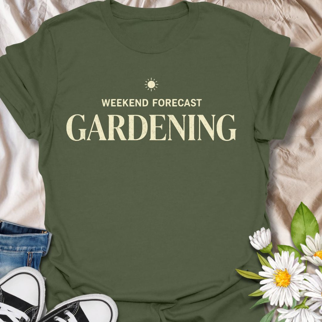 Funny gardening t-shirt featuring the phrase “Weekend Forecast Gardening.” A simple, stylish tee for gardeners, plant lovers, and backyard growers who already know exactly how they want to spend their weekend—outside, in the garden, with plants and a little sunshine.