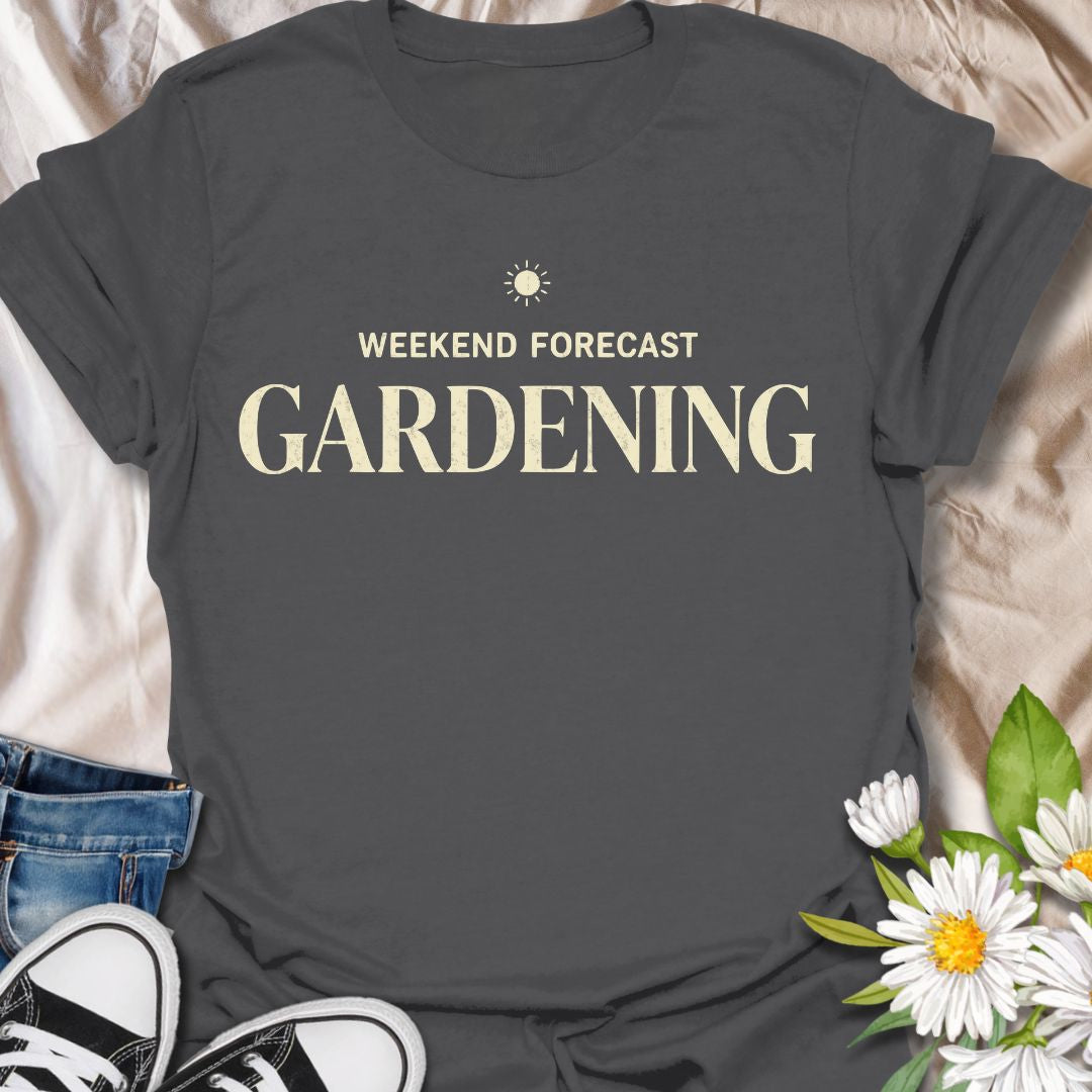 Funny gardening t-shirt featuring the phrase “Weekend Forecast Gardening.” A simple, stylish tee for gardeners, plant lovers, and backyard growers who already know exactly how they want to spend their weekend—outside, in the garden, with plants and a little sunshine.