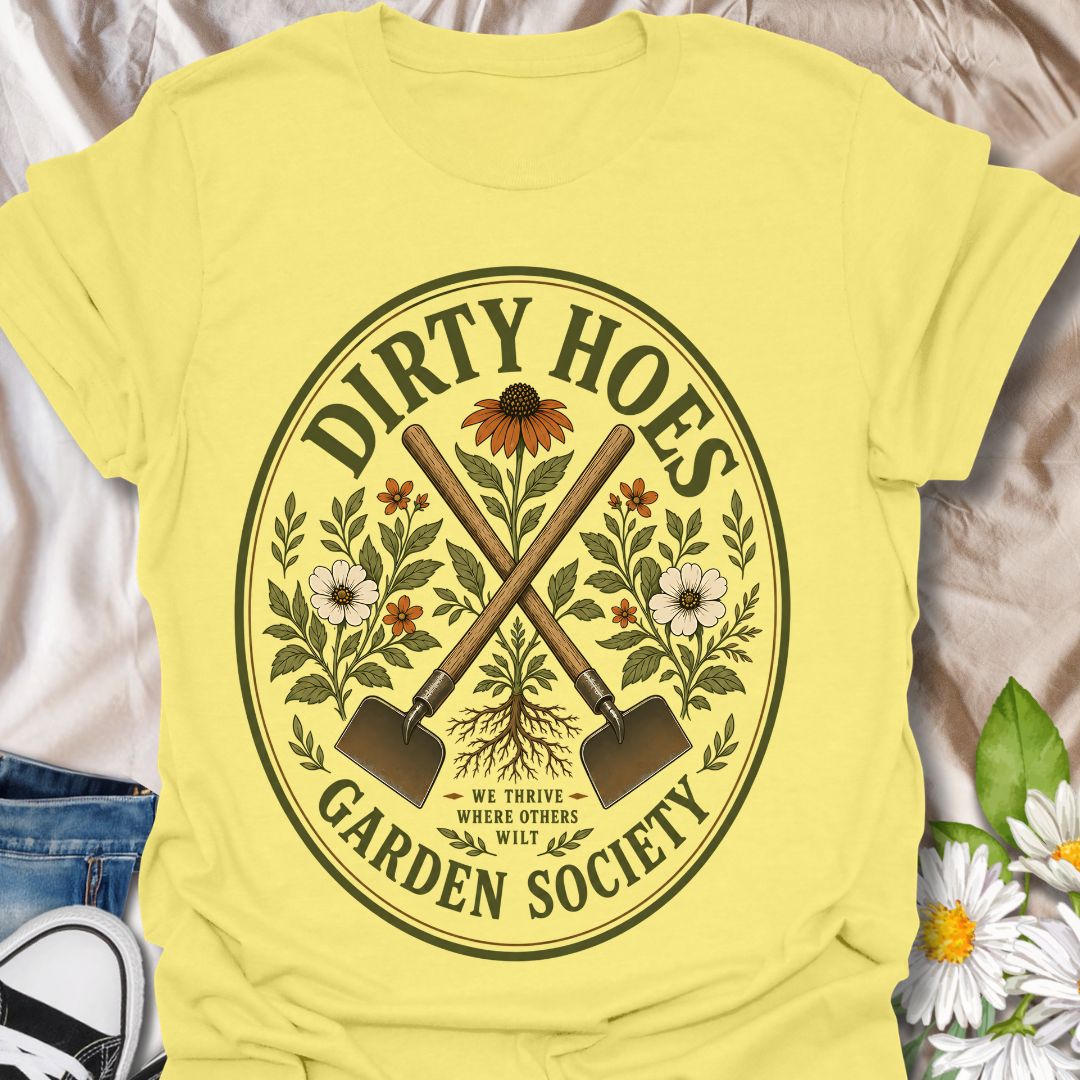 Join the Dirty Hoes Garden Society with this vintage-inspired gardening t-shirt made for plant lovers, backyard growers, and anyone happiest with their hands in the soil. Featuring crossed garden hoes, botanical florals, roots, and a bold retro badge layout, this design brings playful garden humor to a classic outdoorsy look. Perfect for gardeners, homesteaders, flower growers, plant moms, allotment lovers, and anyone who knows the best days start with dirt under their nails.