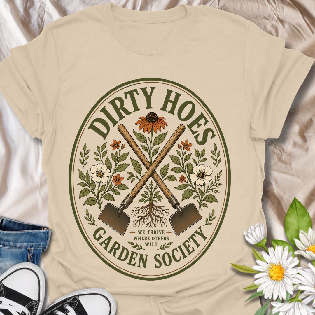 Join the Dirty Hoes Garden Society with this vintage-inspired gardening t-shirt made for plant lovers, backyard growers, and anyone happiest with their hands in the soil. Featuring crossed garden hoes, botanical florals, roots, and a bold retro badge layout, this design brings playful garden humor to a classic outdoorsy look. Perfect for gardeners, homesteaders, flower growers, plant moms, allotment lovers, and anyone who knows the best days start with dirt under their nails.