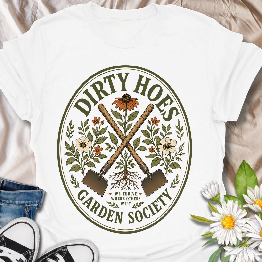 Join the Dirty Hoes Garden Society with this vintage-inspired gardening t-shirt made for plant lovers, backyard growers, and anyone happiest with their hands in the soil. Featuring crossed garden hoes, botanical florals, roots, and a bold retro badge layout, this design brings playful garden humor to a classic outdoorsy look. Perfect for gardeners, homesteaders, flower growers, plant moms, allotment lovers, and anyone who knows the best days start with dirt under their nails.