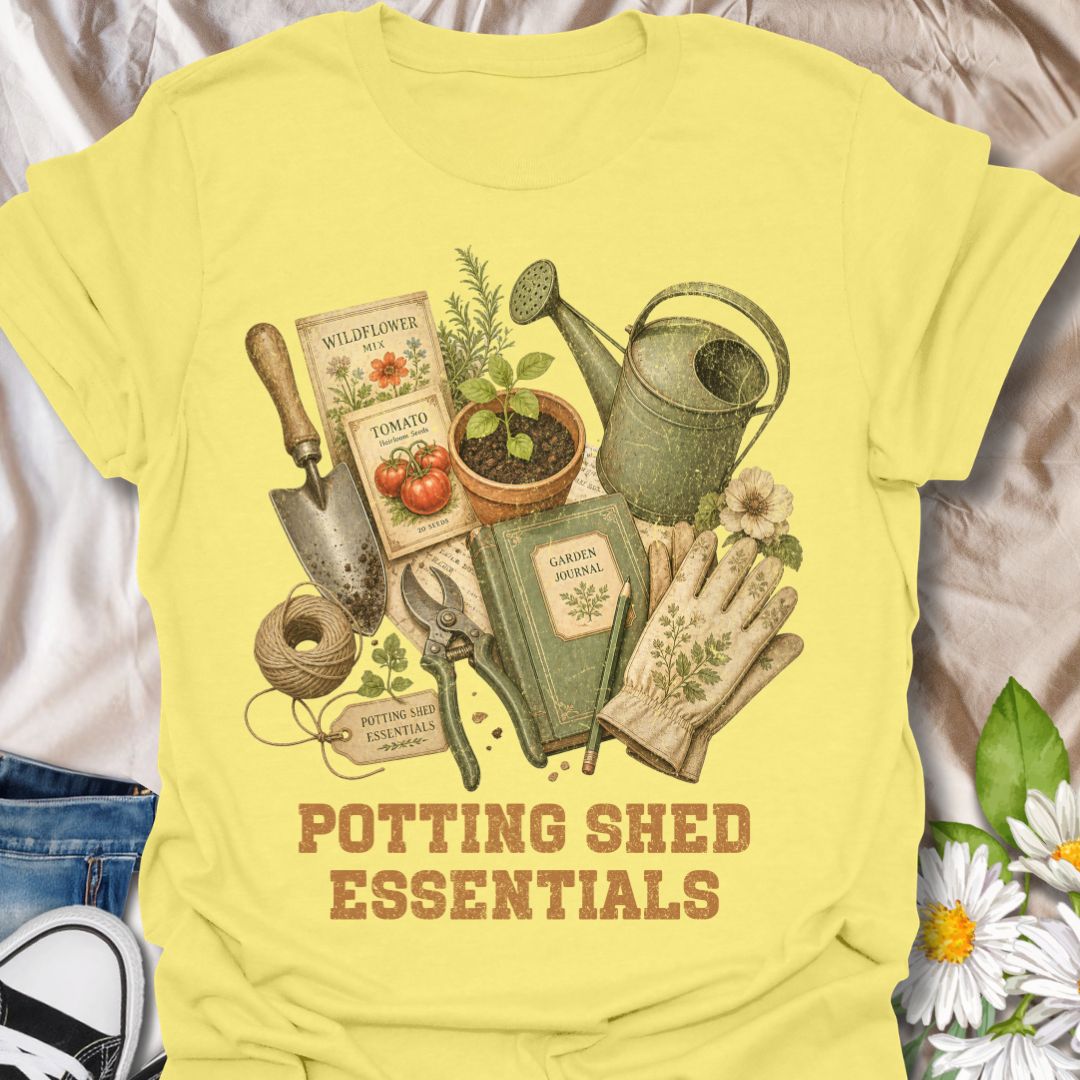 This Potting Shed Essentials t-shirt is perfect for gardeners who love seed packets, soil, tools, twine, watering cans, and quiet days spent growing something beautiful. The vintage flat-lay design features classic garden supplies with a nostalgic botanical style that feels like a well-loved potting bench in graphic tee form. A great gift for gardeners, plant lovers, backyard growers, allotment keepers, homesteaders, and anyone who feels most at home in the garden.