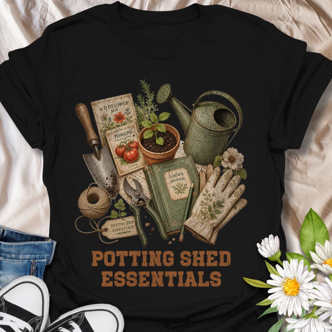 This Potting Shed Essentials t-shirt is perfect for gardeners who love seed packets, soil, tools, twine, watering cans, and quiet days spent growing something beautiful. The vintage flat-lay design features classic garden supplies with a nostalgic botanical style that feels like a well-loved potting bench in graphic tee form. A great gift for gardeners, plant lovers, backyard growers, allotment keepers, homesteaders, and anyone who feels most at home in the garden.