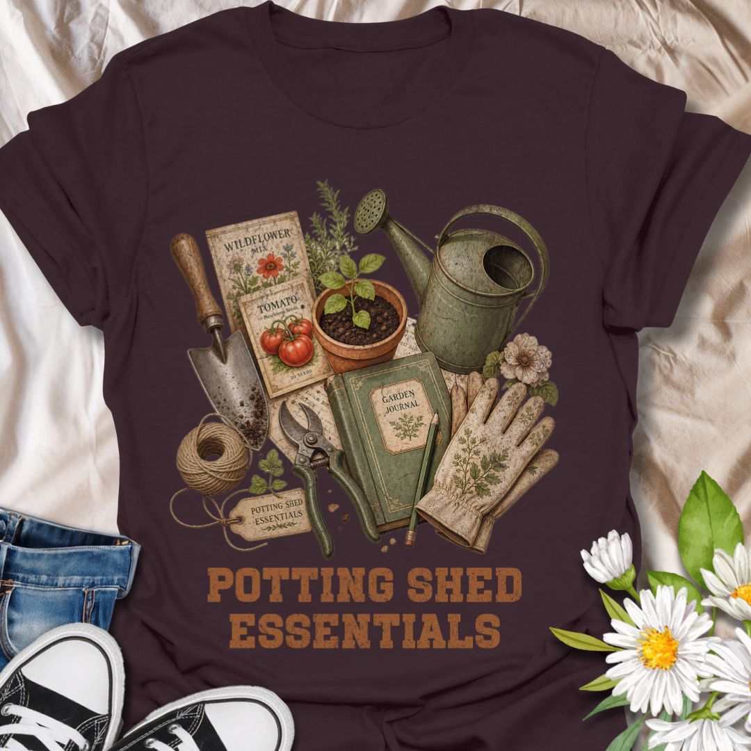 This Potting Shed Essentials t-shirt is perfect for gardeners who love seed packets, soil, tools, twine, watering cans, and quiet days spent growing something beautiful. The vintage flat-lay design features classic garden supplies with a nostalgic botanical style that feels like a well-loved potting bench in graphic tee form. A great gift for gardeners, plant lovers, backyard growers, allotment keepers, homesteaders, and anyone who feels most at home in the garden.