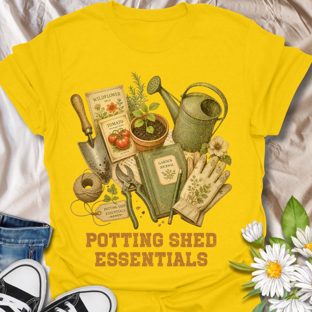 This Potting Shed Essentials t-shirt is perfect for gardeners who love seed packets, soil, tools, twine, watering cans, and quiet days spent growing something beautiful. The vintage flat-lay design features classic garden supplies with a nostalgic botanical style that feels like a well-loved potting bench in graphic tee form. A great gift for gardeners, plant lovers, backyard growers, allotment keepers, homesteaders, and anyone who feels most at home in the garden.
