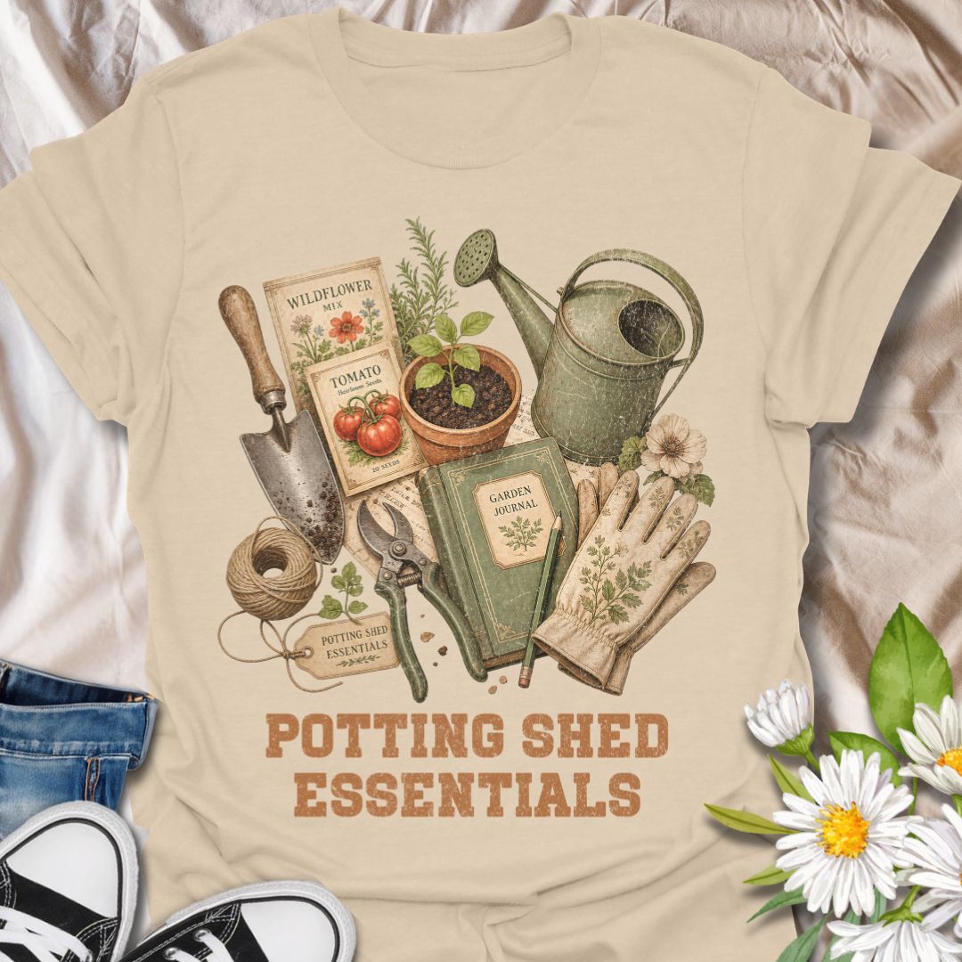 This Potting Shed Essentials t-shirt is perfect for gardeners who love seed packets, soil, tools, twine, watering cans, and quiet days spent growing something beautiful. The vintage flat-lay design features classic garden supplies with a nostalgic botanical style that feels like a well-loved potting bench in graphic tee form. A great gift for gardeners, plant lovers, backyard growers, allotment keepers, homesteaders, and anyone who feels most at home in the garden.