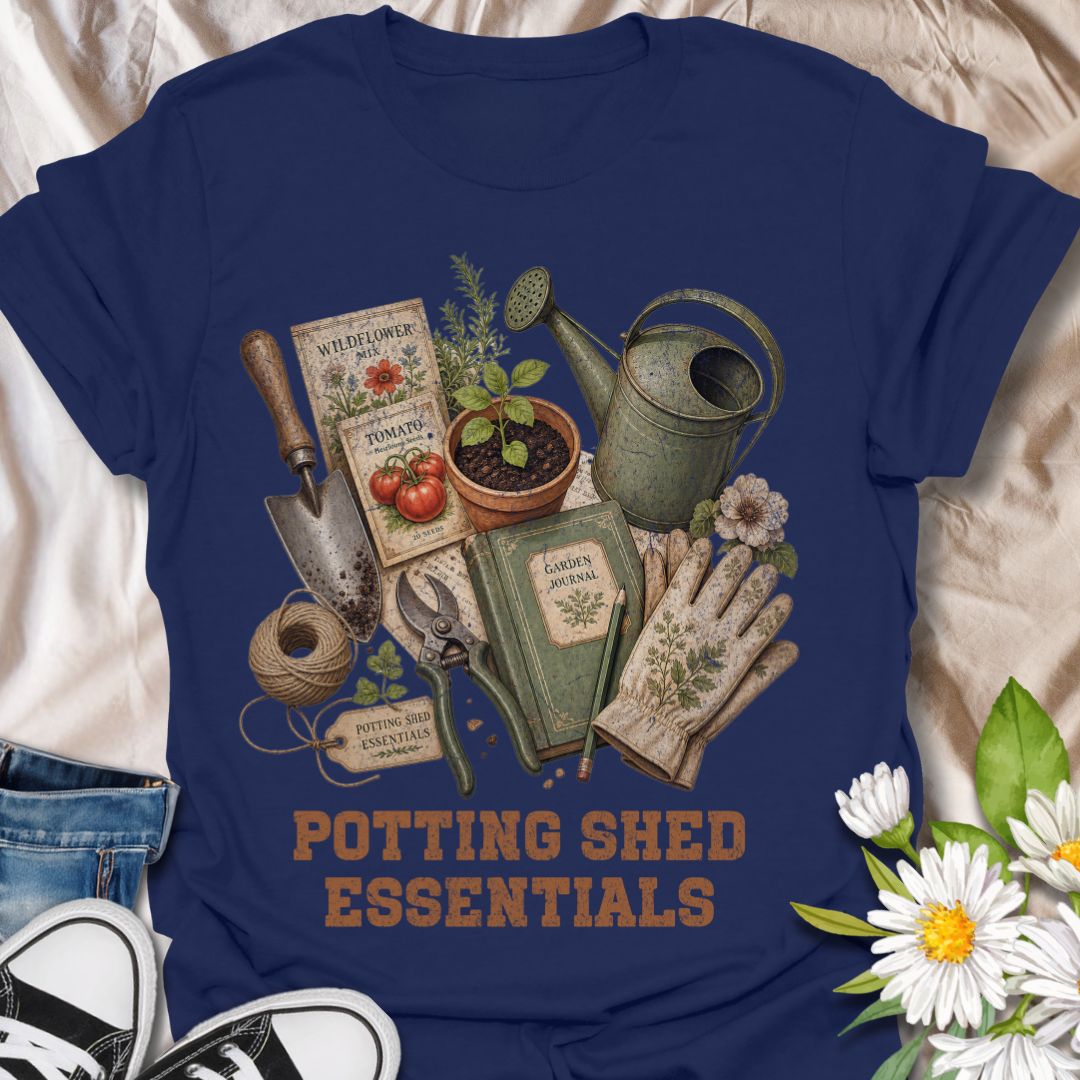 This Potting Shed Essentials t-shirt is perfect for gardeners who love seed packets, soil, tools, twine, watering cans, and quiet days spent growing something beautiful. The vintage flat-lay design features classic garden supplies with a nostalgic botanical style that feels like a well-loved potting bench in graphic tee form. A great gift for gardeners, plant lovers, backyard growers, allotment keepers, homesteaders, and anyone who feels most at home in the garden.