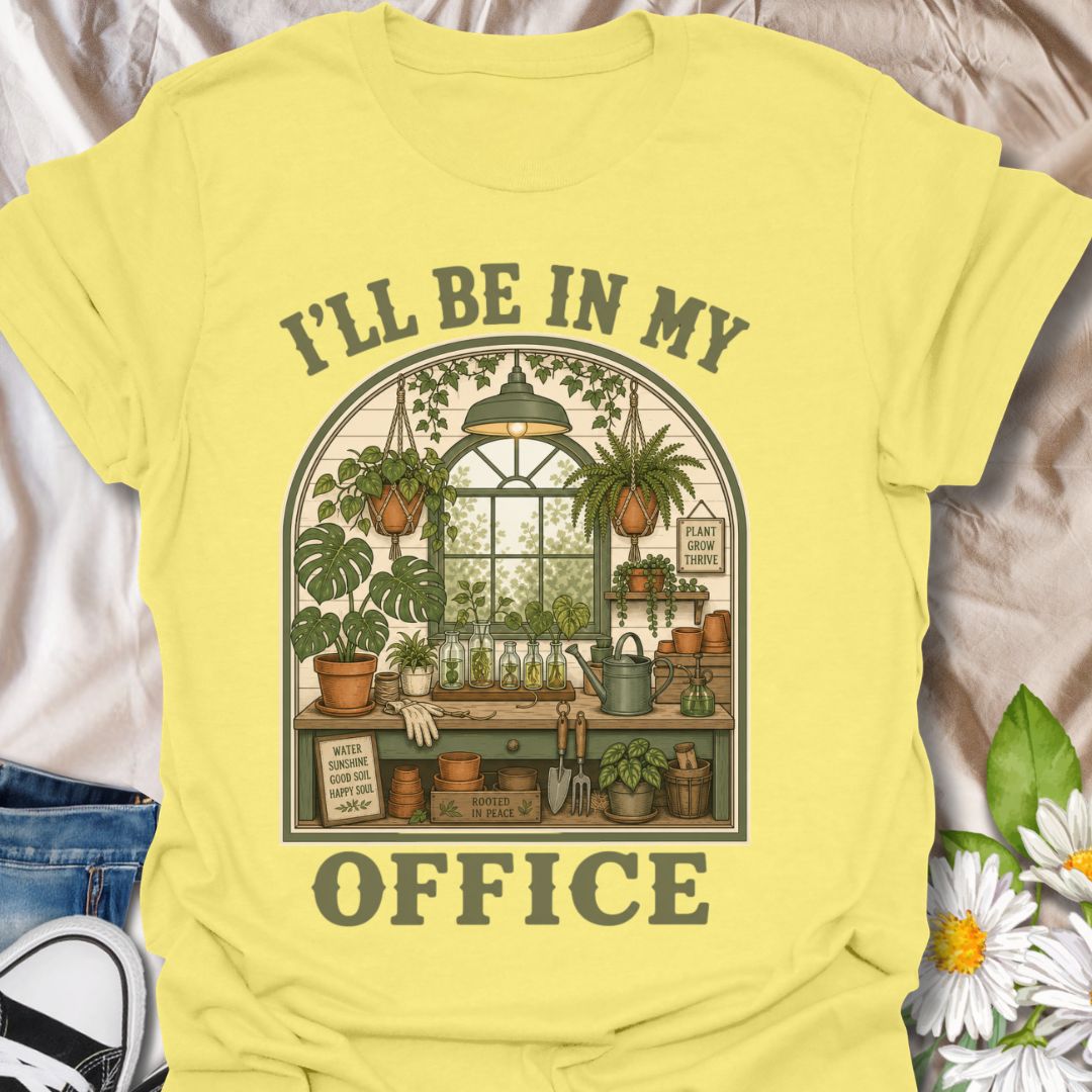 This I’ll Be In My Office t-shirt is made for plant lovers who would rather be surrounded by houseplants, propagation jars, watering cans, and greenhouse calm. The cozy illustrated design features a charming indoor plant room filled with hanging baskets, leafy plants, garden tools, and botanical details for a peaceful plant-parent feel. Perfect for plant moms, houseplant collectors, gardeners, greenhouse lovers, propagation fans, and anyone whose happy place is their own leafy little office.