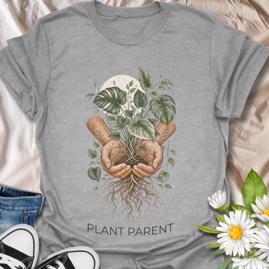 This Plant Parent t-shirt is made for houseplant lovers who know that caring for leaves, roots, and new growth feels a little like raising a tiny indoor jungle. The detailed botanical design features cupped hands holding a thriving plant with visible roots, leafy vines, and soft natural linework for an earthy, artistic plant-lover look. Perfect for plant moms, plant dads, houseplant collectors, propagation fans, gardeners, and anyone who takes their role as a plant parent seriously.