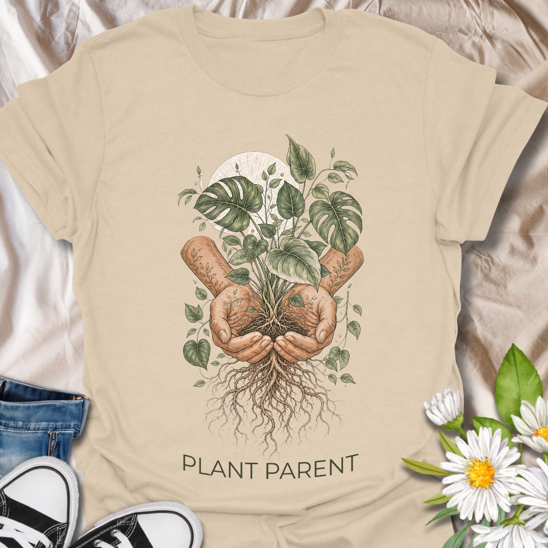 This Plant Parent t-shirt is made for houseplant lovers who know that caring for leaves, roots, and new growth feels a little like raising a tiny indoor jungle. The detailed botanical design features cupped hands holding a thriving plant with visible roots, leafy vines, and soft natural linework for an earthy, artistic plant-lover look. Perfect for plant moms, plant dads, houseplant collectors, propagation fans, gardeners, and anyone who takes their role as a plant parent seriously.