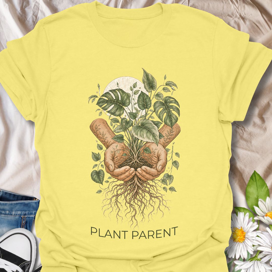 This Plant Parent t-shirt is made for houseplant lovers who know that caring for leaves, roots, and new growth feels a little like raising a tiny indoor jungle. The detailed botanical design features cupped hands holding a thriving plant with visible roots, leafy vines, and soft natural linework for an earthy, artistic plant-lover look. Perfect for plant moms, plant dads, houseplant collectors, propagation fans, gardeners, and anyone who takes their role as a plant parent seriously.
