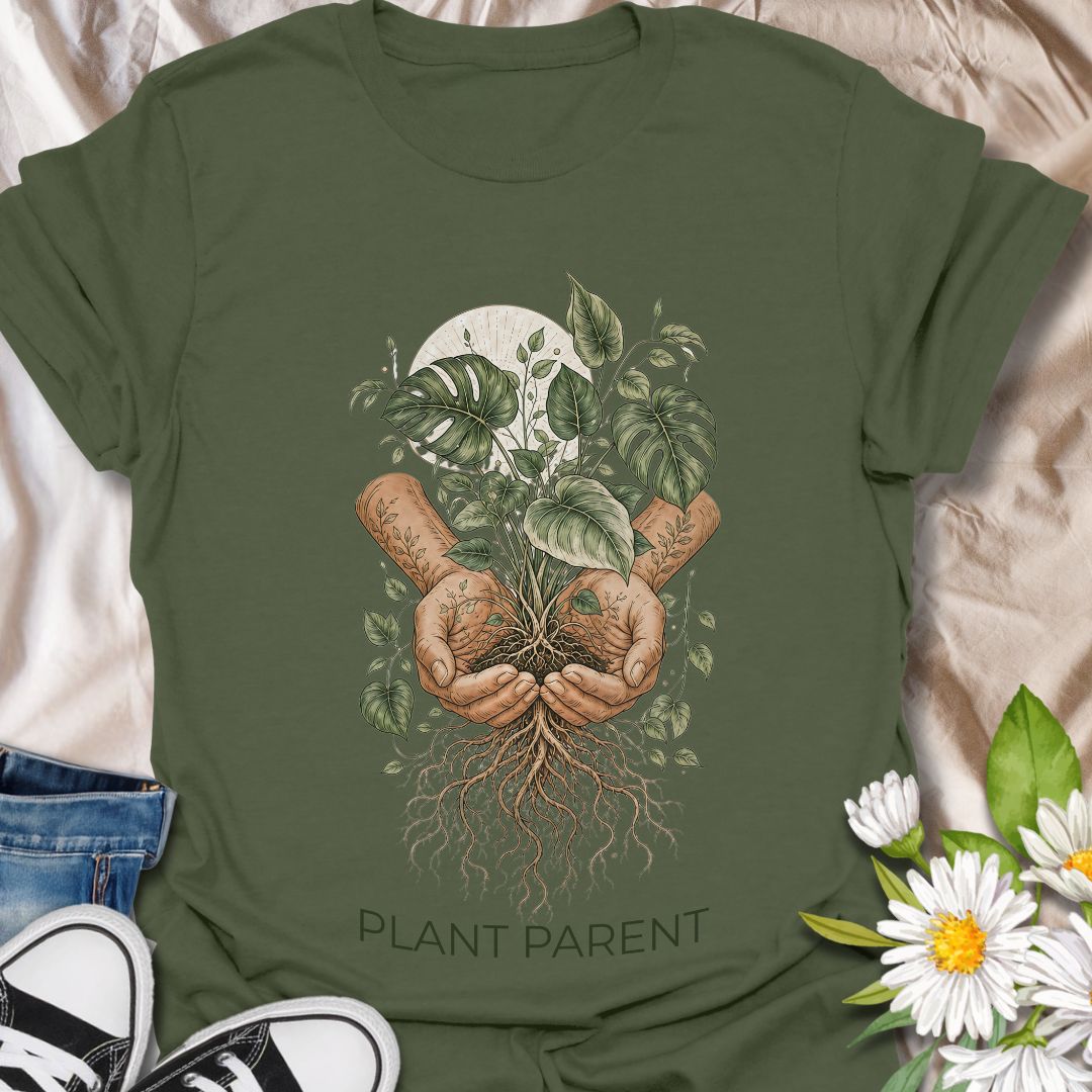 This Plant Parent t-shirt is made for houseplant lovers who know that caring for leaves, roots, and new growth feels a little like raising a tiny indoor jungle. The detailed botanical design features cupped hands holding a thriving plant with visible roots, leafy vines, and soft natural linework for an earthy, artistic plant-lover look. Perfect for plant moms, plant dads, houseplant collectors, propagation fans, gardeners, and anyone who takes their role as a plant parent seriously.
