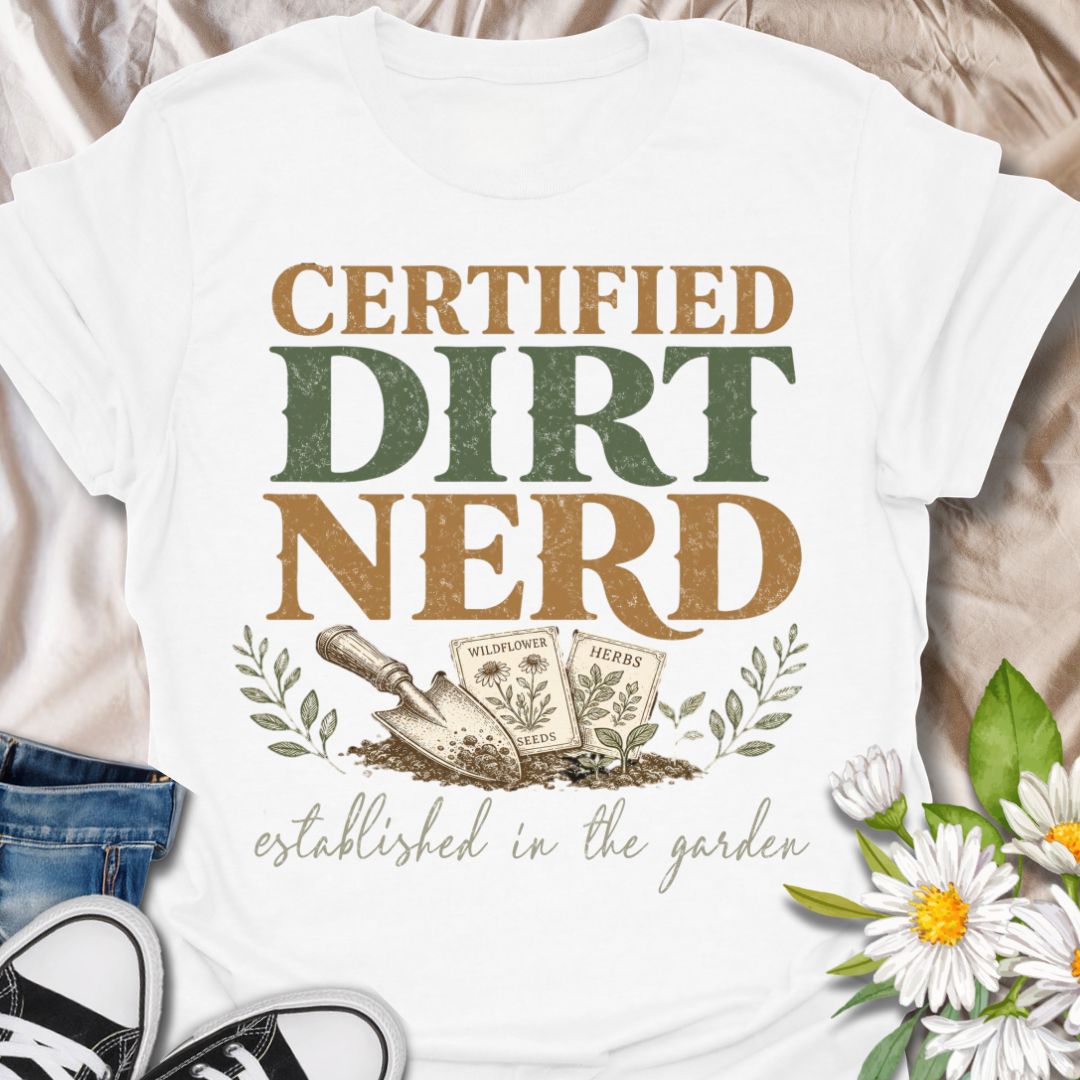 This Certified Dirt Nerd t-shirt is made for gardeners who love soil, seeds, herbs, wildflowers, and getting their hands dirty. Featuring bold vintage typography, a garden trowel, seed packets, leafy details, and the phrase established in the garden, this design has a playful retro look for proud plant and garden lovers. Perfect for backyard gardeners, allotment growers, plant parents, homesteaders, flower growers, herb gardeners, and anyone who happily identifies as a dirt nerd.