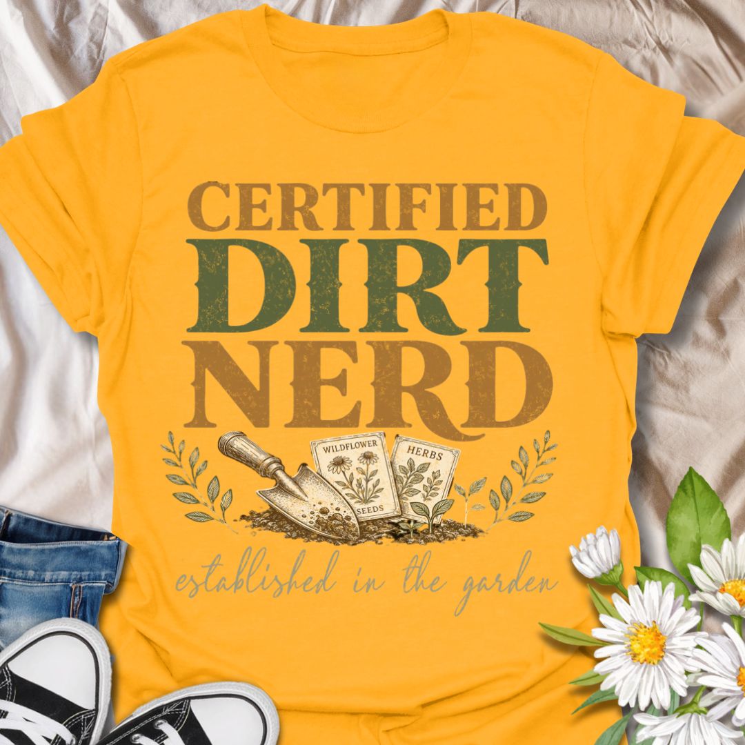 This Certified Dirt Nerd t-shirt is made for gardeners who love soil, seeds, herbs, wildflowers, and getting their hands dirty. Featuring bold vintage typography, a garden trowel, seed packets, leafy details, and the phrase established in the garden, this design has a playful retro look for proud plant and garden lovers. Perfect for backyard gardeners, allotment growers, plant parents, homesteaders, flower growers, herb gardeners, and anyone who happily identifies as a dirt nerd.