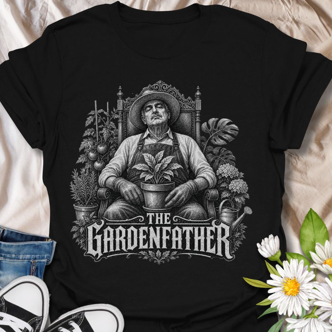 This The Gardenfather t-shirt is made for gardeners who rule the greenhouse, protect the tomatoes, and take plant care very seriously. Featuring a dramatic vintage-style gardener seated like a garden boss with a potted plant, leafy details, tomatoes, herbs, and gothic-inspired lettering, this design blends gardening humor with a bold cinematic look. Perfect for gardeners, plant dads, allotment growers, tomato growers, backyard farmers, homesteaders, and anyone who treats the garden like family business.