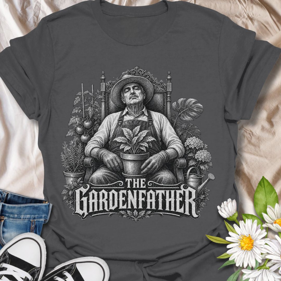 This The Gardenfather t-shirt is made for gardeners who rule the greenhouse, protect the tomatoes, and take plant care very seriously. Featuring a dramatic vintage-style gardener seated like a garden boss with a potted plant, leafy details, tomatoes, herbs, and gothic-inspired lettering, this design blends gardening humor with a bold cinematic look. Perfect for gardeners, plant dads, allotment growers, tomato growers, backyard farmers, homesteaders, and anyone who treats the garden like family business.