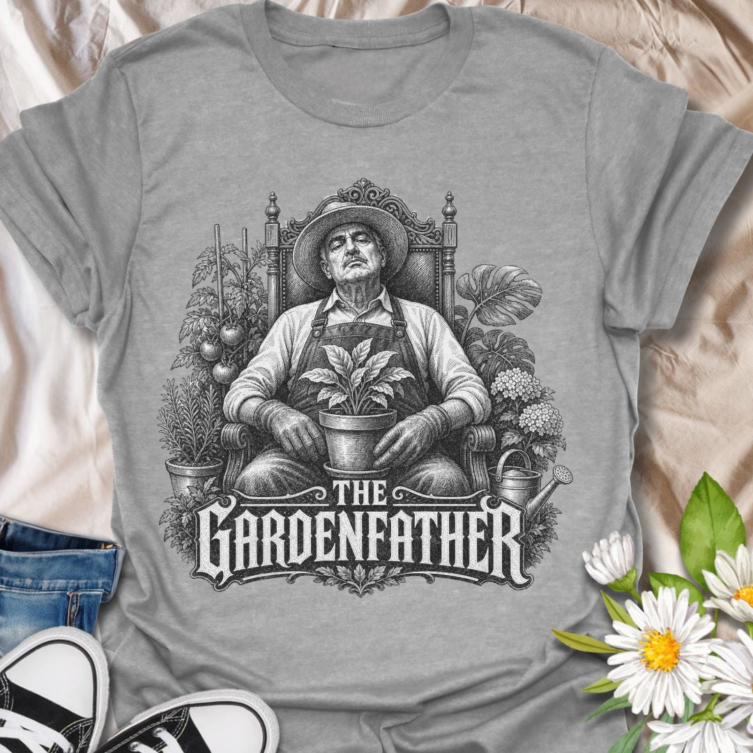 This The Gardenfather t-shirt is made for gardeners who rule the greenhouse, protect the tomatoes, and take plant care very seriously. Featuring a dramatic vintage-style gardener seated like a garden boss with a potted plant, leafy details, tomatoes, herbs, and gothic-inspired lettering, this design blends gardening humor with a bold cinematic look. Perfect for gardeners, plant dads, allotment growers, tomato growers, backyard farmers, homesteaders, and anyone who treats the garden like family business.