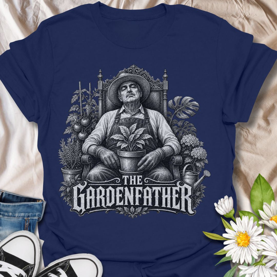 This The Gardenfather t-shirt is made for gardeners who rule the greenhouse, protect the tomatoes, and take plant care very seriously. Featuring a dramatic vintage-style gardener seated like a garden boss with a potted plant, leafy details, tomatoes, herbs, and gothic-inspired lettering, this design blends gardening humor with a bold cinematic look. Perfect for gardeners, plant dads, allotment growers, tomato growers, backyard farmers, homesteaders, and anyone who treats the garden like family business.