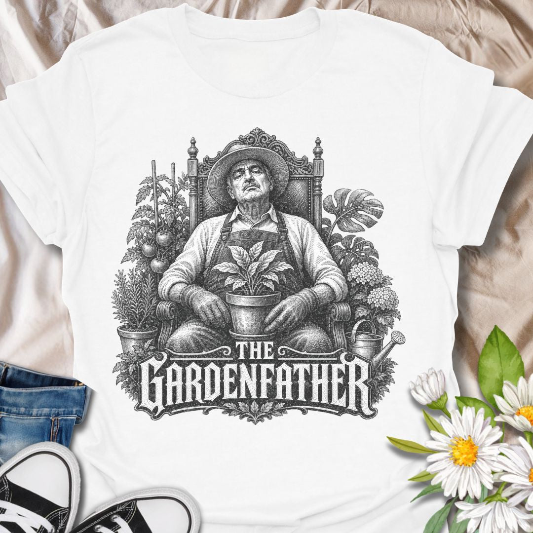 This The Gardenfather t-shirt is made for gardeners who rule the greenhouse, protect the tomatoes, and take plant care very seriously. Featuring a dramatic vintage-style gardener seated like a garden boss with a potted plant, leafy details, tomatoes, herbs, and gothic-inspired lettering, this design blends gardening humor with a bold cinematic look. Perfect for gardeners, plant dads, allotment growers, tomato growers, backyard farmers, homesteaders, and anyone who treats the garden like family business.
