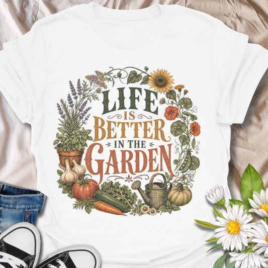 This Life Is Better In The Garden t-shirt is made for anyone who feels happiest surrounded by plants, flowers, vegetables, herbs, and fresh soil. The vintage botanical design features bold retro typography framed by garden favorites including sunflowers, lavender, pumpkins, carrots, peas, garlic, herbs, daisies, and a classic watering can. Perfect for gardeners, plant lovers, backyard growers, allotment keepers, homesteaders, flower growers, vegetable gardeners, and anyone who knows garden days are the best