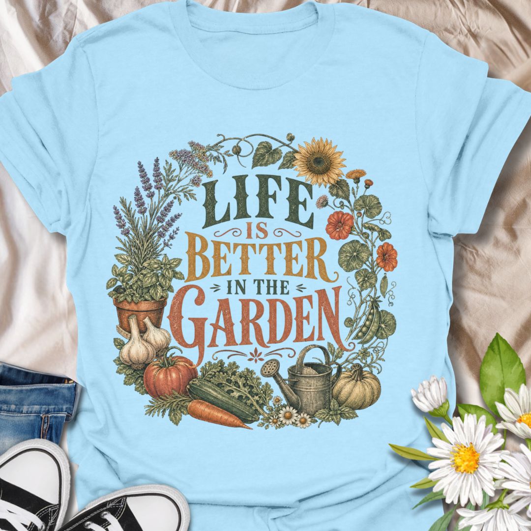 This Life Is Better In The Garden t-shirt is made for anyone who feels happiest surrounded by plants, flowers, vegetables, herbs, and fresh soil. The vintage botanical design features bold retro typography framed by garden favorites including sunflowers, lavender, pumpkins, carrots, peas, garlic, herbs, daisies, and a classic watering can. Perfect for gardeners, plant lovers, backyard growers, allotment keepers, homesteaders, flower growers, vegetable gardeners, and anyone who knows garden days are the best