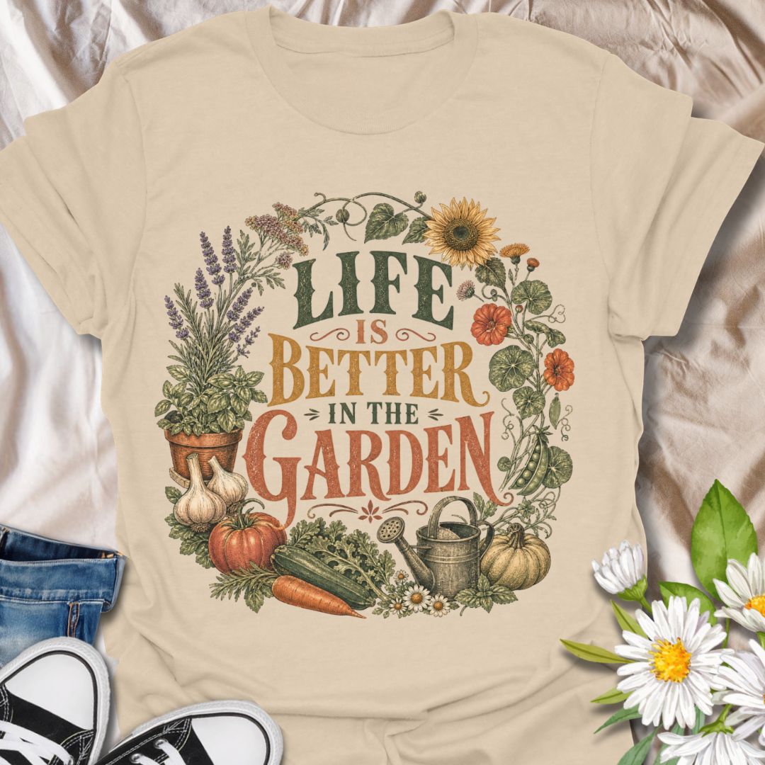 This Life Is Better In The Garden t-shirt is made for anyone who feels happiest surrounded by plants, flowers, vegetables, herbs, and fresh soil. The vintage botanical design features bold retro typography framed by garden favorites including sunflowers, lavender, pumpkins, carrots, peas, garlic, herbs, daisies, and a classic watering can. Perfect for gardeners, plant lovers, backyard growers, allotment keepers, homesteaders, flower growers, vegetable gardeners, and anyone who knows garden days are the best