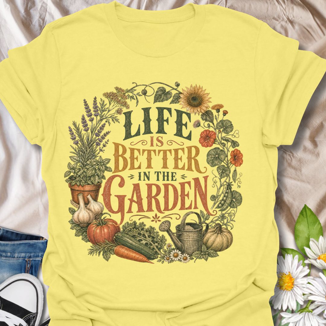 This Life Is Better In The Garden t-shirt is made for anyone who feels happiest surrounded by plants, flowers, vegetables, herbs, and fresh soil. The vintage botanical design features bold retro typography framed by garden favorites including sunflowers, lavender, pumpkins, carrots, peas, garlic, herbs, daisies, and a classic watering can. Perfect for gardeners, plant lovers, backyard growers, allotment keepers, homesteaders, flower growers, vegetable gardeners, and anyone who knows garden days are the best