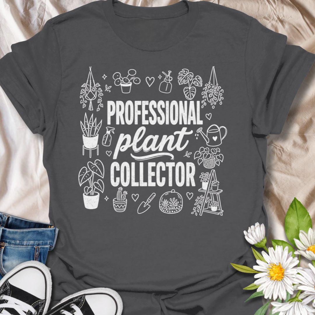 This Professional Plant Collector t-shirt is made for houseplant lovers who are always adding one more leafy friend to the collection. Featuring bold typography surrounded by hand-drawn plant doodles, hanging planters, watering cans, spray bottles, shelves, and gardening details, this design has a fun botanical look for everyday plant-parent style. Perfect for plant moms, plant dads, indoor gardeners, propagation fans, houseplant collectors, and anyone who proudly treats plant collecting like a serious hobb