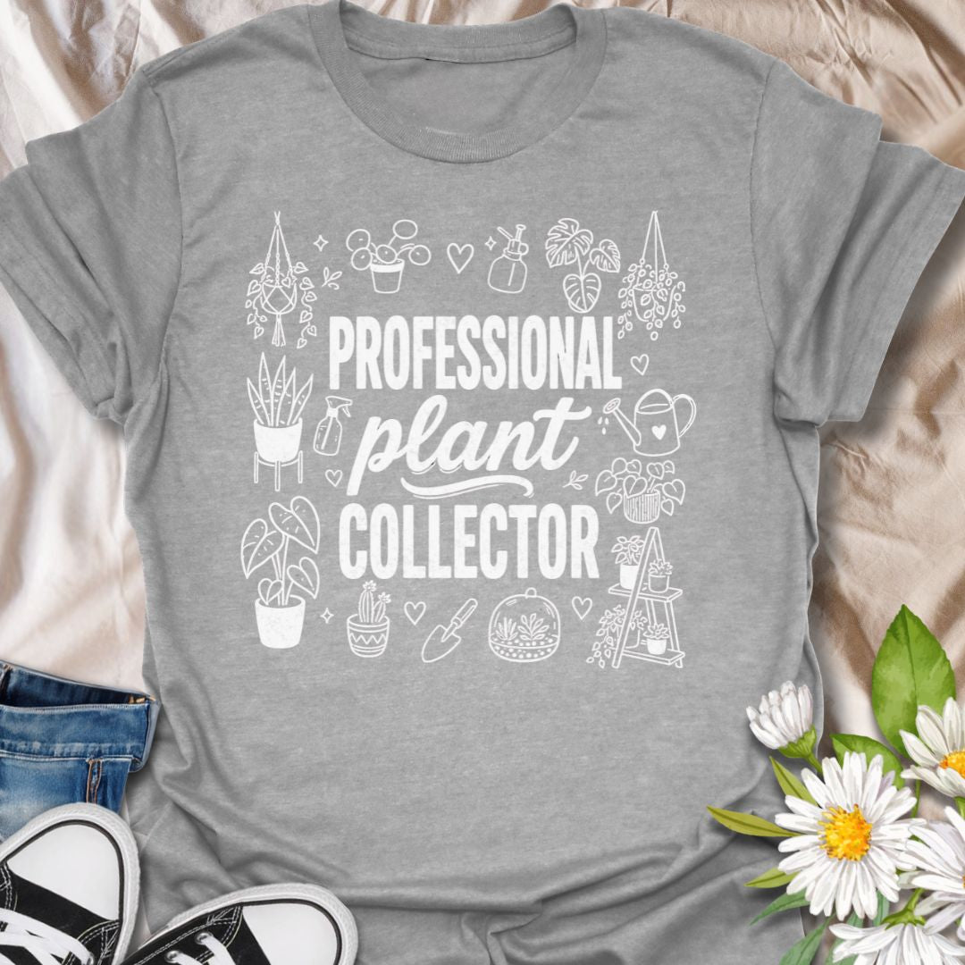 This Professional Plant Collector t-shirt is made for houseplant lovers who are always adding one more leafy friend to the collection. Featuring bold typography surrounded by hand-drawn plant doodles, hanging planters, watering cans, spray bottles, shelves, and gardening details, this design has a fun botanical look for everyday plant-parent style. Perfect for plant moms, plant dads, indoor gardeners, propagation fans, houseplant collectors, and anyone who proudly treats plant collecting like a serious hobb